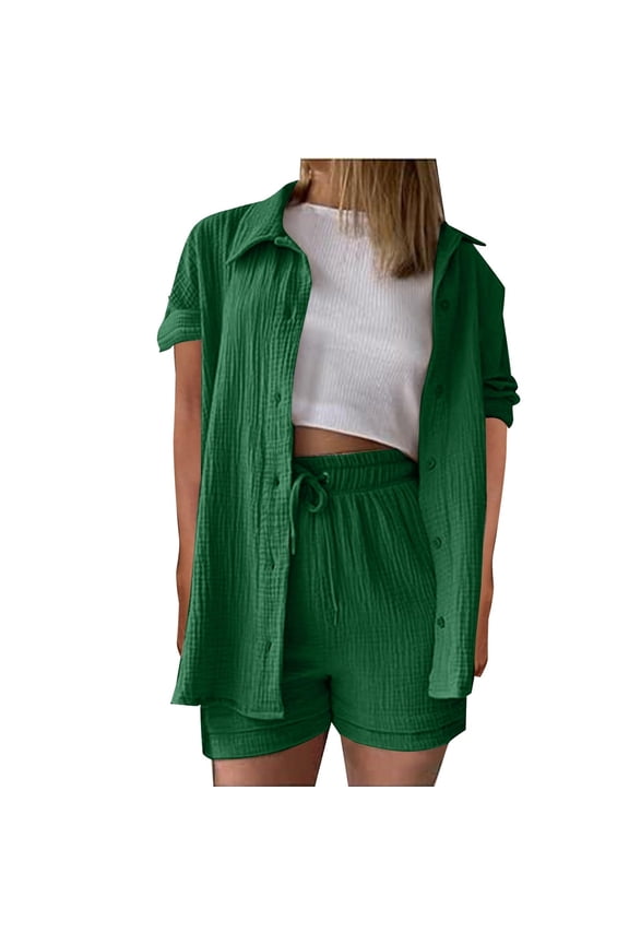 Womens Summer Long Sleeve Shirt and High Waist Drawstring Shorts Set Casual Comfortable Two Piece Outfit for Vacation and Daily Wear with Breathable Fabric