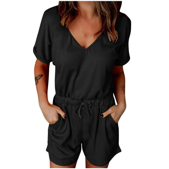 CheerKidz Womens Summer Short Sleeve Jumpsuit Casual Strap Solid Color Comfortable Streetwear Home Playsuit(Black,XL)