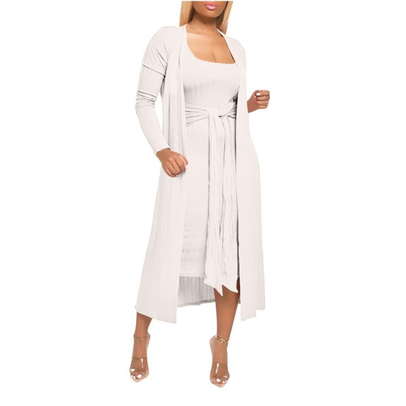 CheerKidz Womens Summer Solid Color Top with Skirt Set Casual Comfortable Outfit for Daily Wear Long Sleeve Dress Set with Suspender Straps