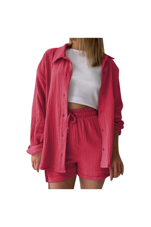 Womens Summer Two Piece Long Sleeve Shirt with High Waist Drawstring Shorts Set Casual Comfortable Loose Fits Outfit for Daily Wear