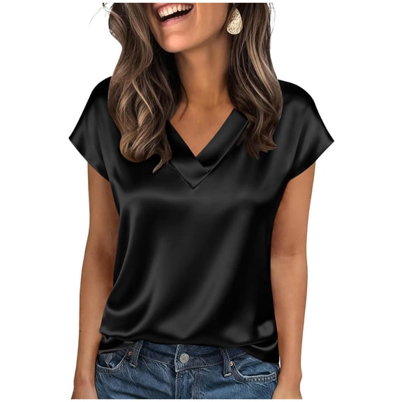 CheerKidz Womens V Neck Short Sleeve Tops Casual Solid Color Satin Shirt Summer Fashion Leisure Comfortable Daily Wear Home Office Basic Tee Soft Breathable Lightweight T Shirt(Black,XL)