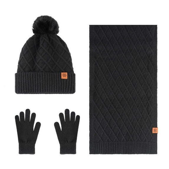 CheerKidz Womens Winter Double Layer Knit Hat Scarf Gloves Set Warm Fleece Lined Three Piece Accessory Cold Weather Protection Outfit Matching(Black#2,Free Size)