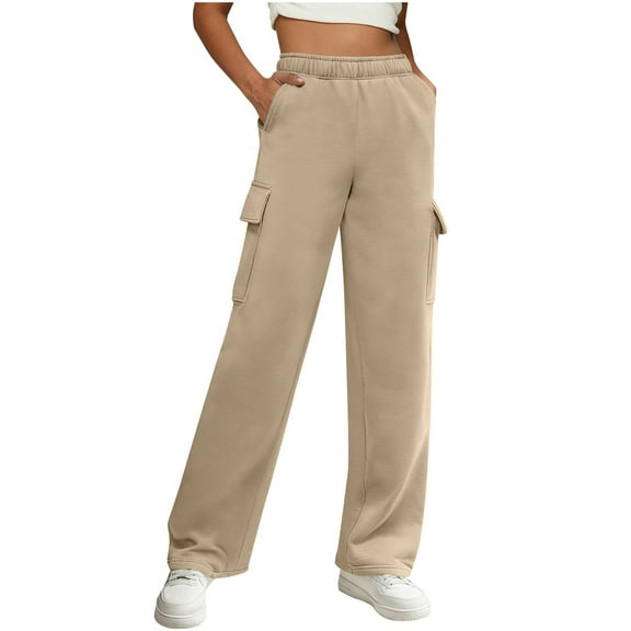 CheerKidz Womens Winter Work Pants Casual Multi Pocket High Waisted Straight Leg Wide Loose Comfortable Trousers Multi-pocket for Daily Wear(Beige,M)