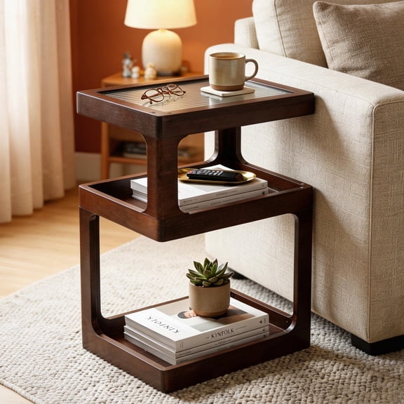 CheerNest 3-Tier Solid Pine Wood Side Table with Acrylic Top, Geometric End Table MCM Nightstand for Living Room & Small Spaces