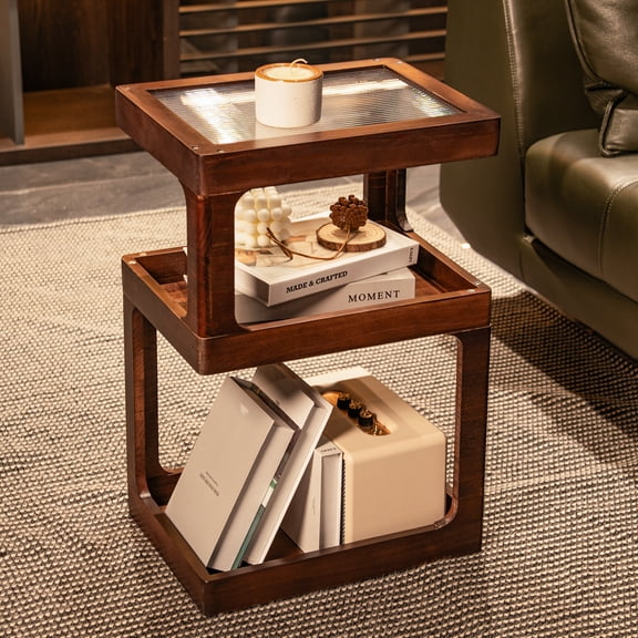 CheerNest 3-Tier Solid Pine Wood End Table with Acrylic Top, Geometric Side Table Nightstand for Living Room & Small Spaces