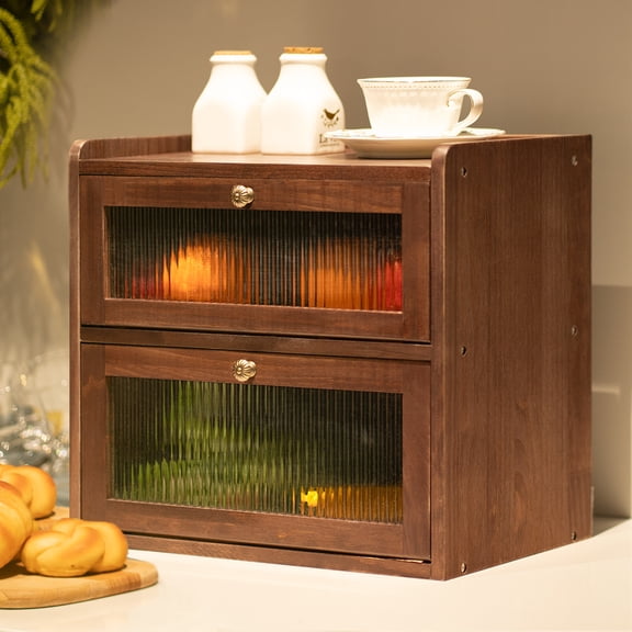 CheerNest Solid Wood Bread Box for Kitchen Countertop with 50 Count Deli Paper, Double Layer Large Capacity Wooden Breadbox, Vintage Food Storage Container for Kitchen Counter Corner, Brown