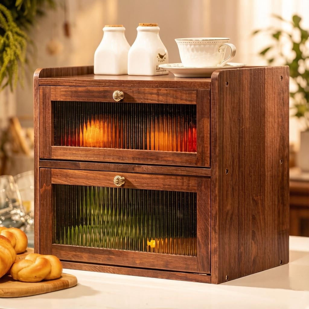 CheerNest Solid Wood Bread Box for Kitchen Countertop with 50 Count Deli Paper, Double Layer Large Capacity Wooden Breadbox, Vintage Food Storage Container for Kitchen Counter Corner, Brown