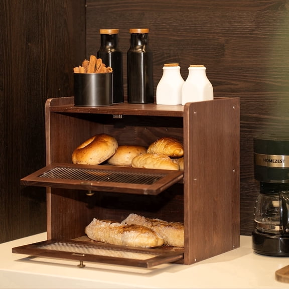 CheerNest Solid Wood Bread Box for Kitchen Countertop with 50 Count Deli Paper, Double Layer Large Capacity Wooden Breadbox, Vintage Food Storage Container for Kitchen Counter Corner, Brown