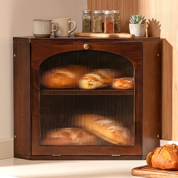 CheerNest Solid Wood Corner Bread Box for Kitchen Countertop, 2-Tier Large Storage Bread Bin with Adjustable Shelf & Acrylic Wave Door, Walnut Finished