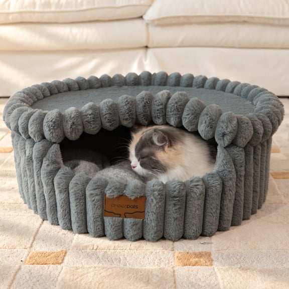 CheerPals 2-in-1 Cat Bed with Removable Lid, Washable Plush Indoor Cat Cave House, 21.7 Inch, Gray