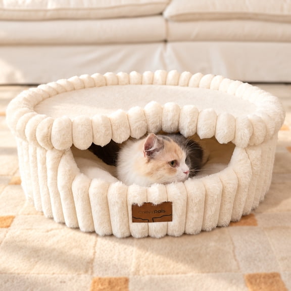 CheerPals 2-in-1 Cat Bed with Removable Lid, Washable Plush Indoor Cat Cave House, 21.7 Inch, White