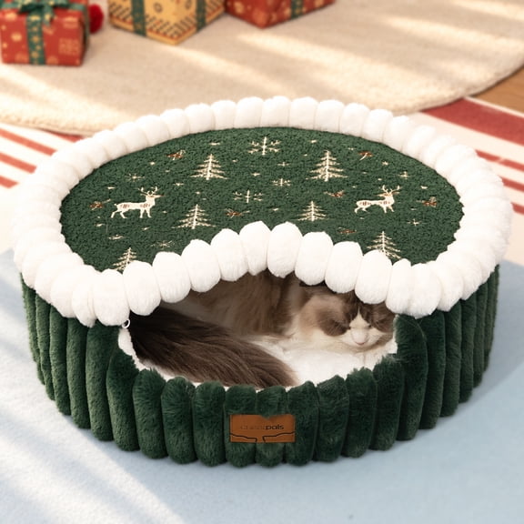 CheerPals 2-in-1 Cat Bed with Removable Lid, Washable Plush Indoor Cat Cave House, 21.7 Inch, for Christmas