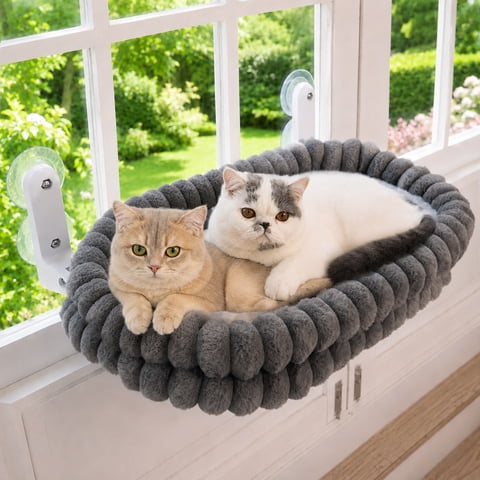 CheerPals Cat Bed for Window with Suction Cups, Foldable Cozy Cat Window Perch, Breathable Cooling Cat Hammock Bed for Indoor Cats, Soft Washable Pet Lounger(Large,Gray)