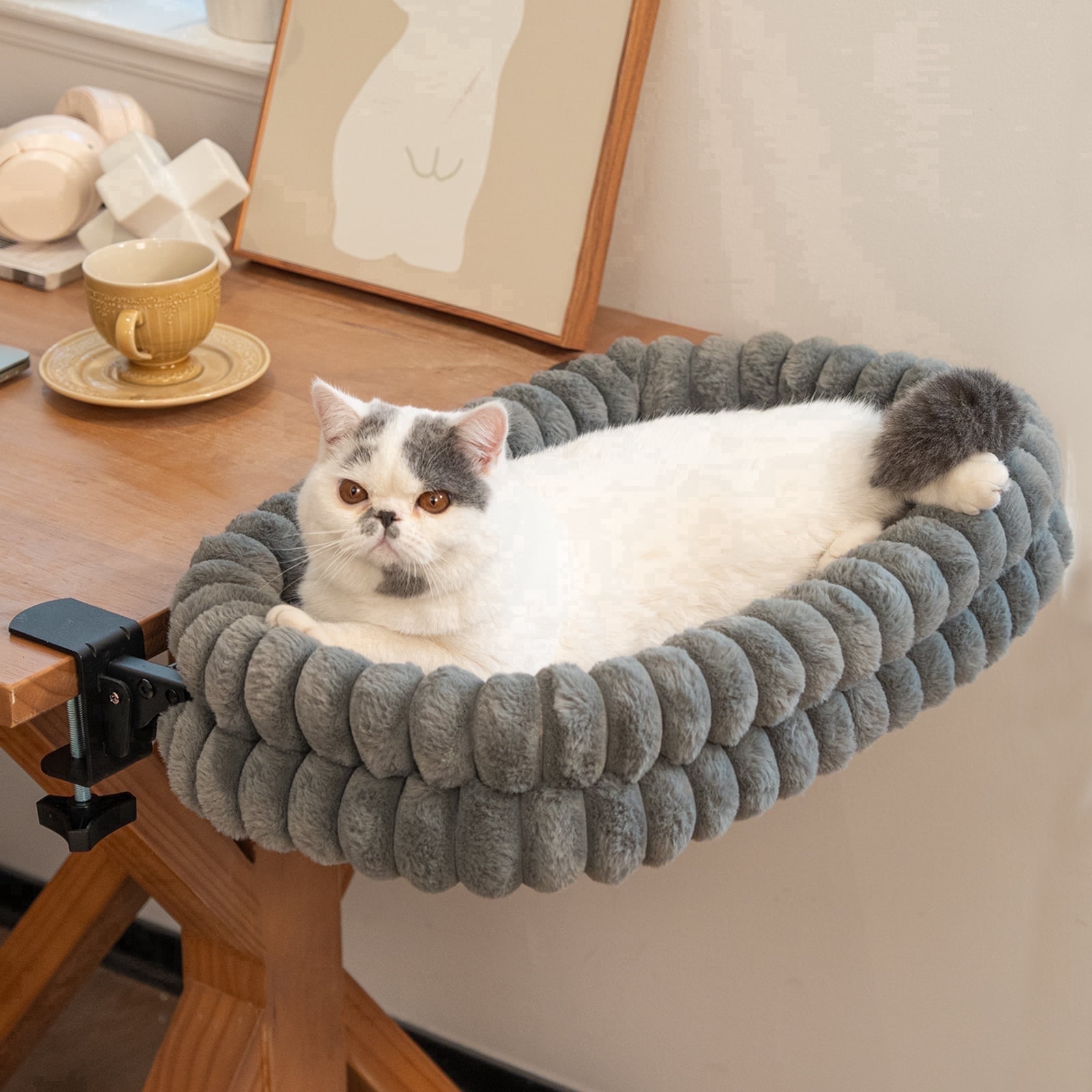 CheerPals Cat Desk Bed, 24*15in Double-Layer Foldable Cats Hammock, Plush&Grids Design for All Reason(Large,Gray)