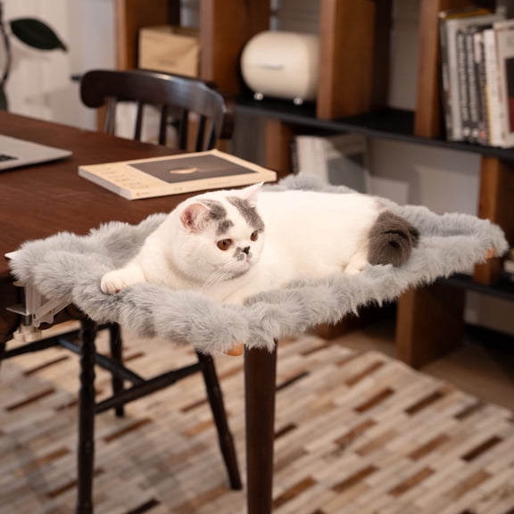 CheerPals Foldable Desk Cat Bed Hammock, Clip-On Plush Cat Shelf with Sturdy Metal Frame, Built-in Pillow Edge, Supports up to 40 Lbs, Anti-Shedding Resting Seat，Gray