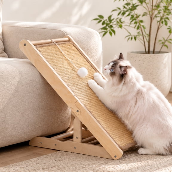 CheerPals Adjustable Wooden Cat Scratcher Ramp with Natural Sisal, 3-Level Height Scratching Board for Indoor Cats, Heavy Duty Wood Frame Furniture Protector with Toy Ball, Natural Wood & Beige