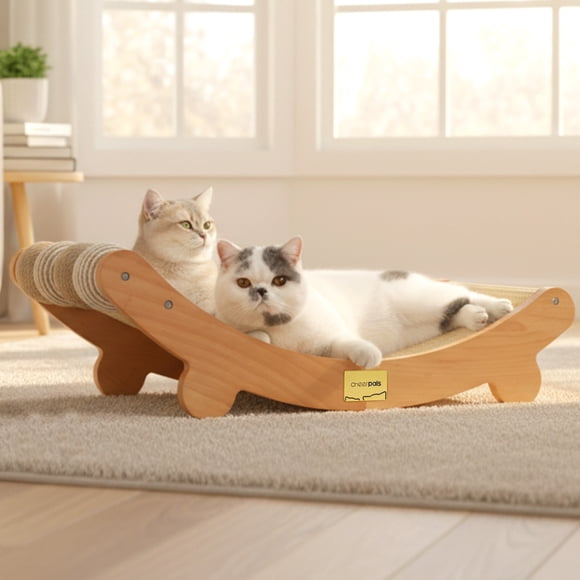 CheerPals Cat Scratcher Pad with Toy Balls, 27x14in Solid Wood Scratching Bed, Sisal Cats Chair Hammock Lounge for Indoor Cat