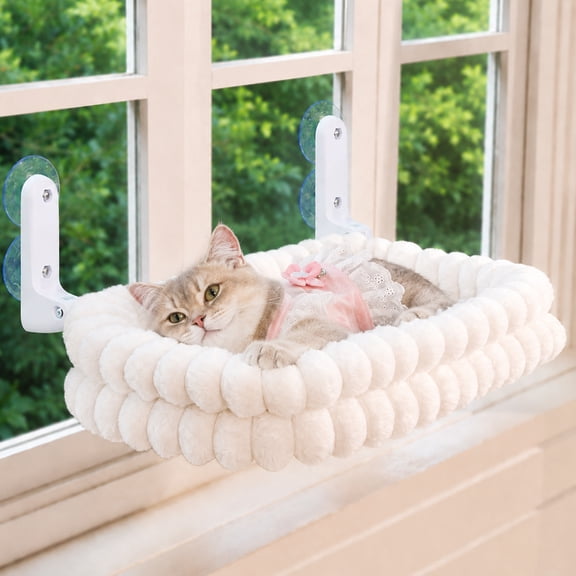 CheerPals Cat Bed for Window with Suction Cups, Foldable Cozy Cat Window Perch, Breathable Cooling Cat Hammock Bed for Indoor Cats, Soft Washable Pet Lounger(Medium,White)