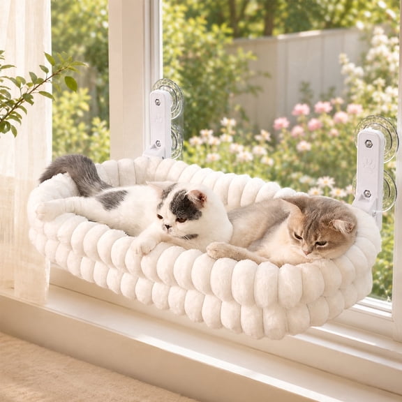 CheerPals Cat Bed for Window with Suction Cups, Foldable Cozy Cat Window Perch, Breathable Cooling Cat Hammock Bed for Indoor Cats, Soft Washable Pet Lounger(Large,White)