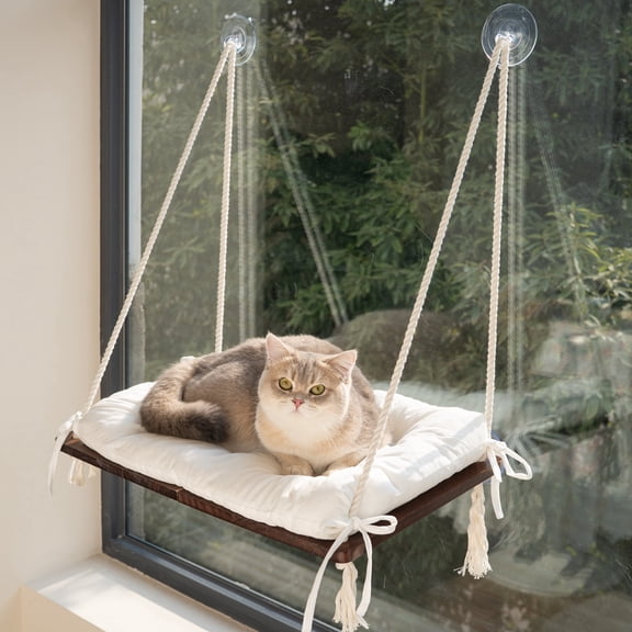 CheerPals Cat Window Perch with Cushion, 27.5*15In Solid Wood Hammock Bed, 45lb Capacity for Indoor Cats