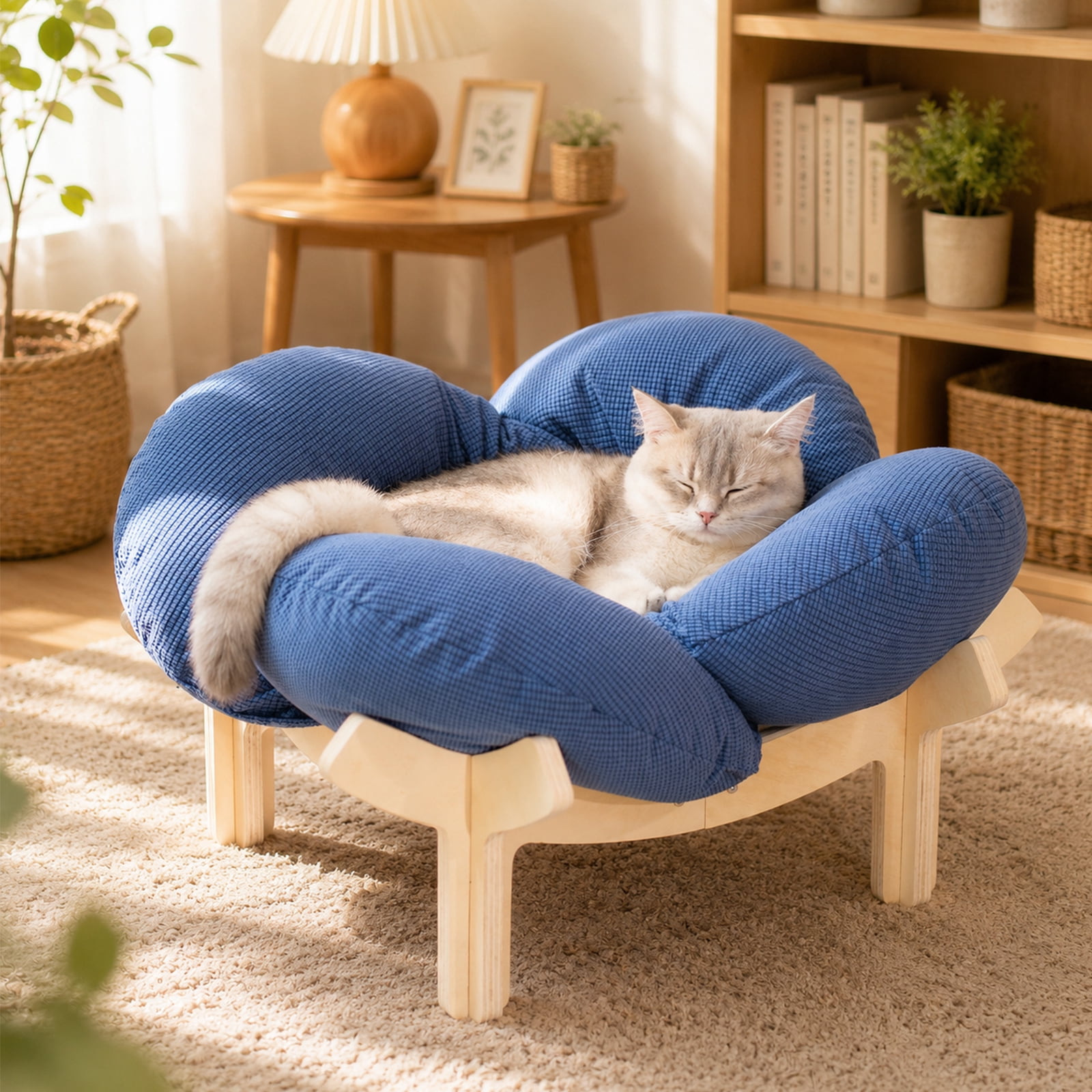 CheerPals Elevated Cat Bed Wooden with Cushion Fluffy Pet Couch Sofa for Indoor Cats Raised Kitty Lounge Chair Suitable for Puppy, Cat Furniture(Dark Blue)