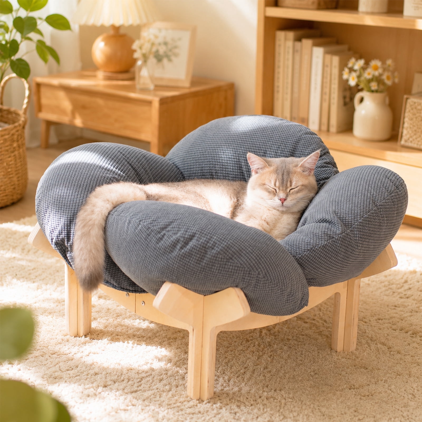 CheerPals Elevated Cat Bed, Washable Flower Pet Cushion with Sturdy Wooden Frame, Heavy-Duty Lounge Chair for Indoor Cats & Small Dogs, Gray
