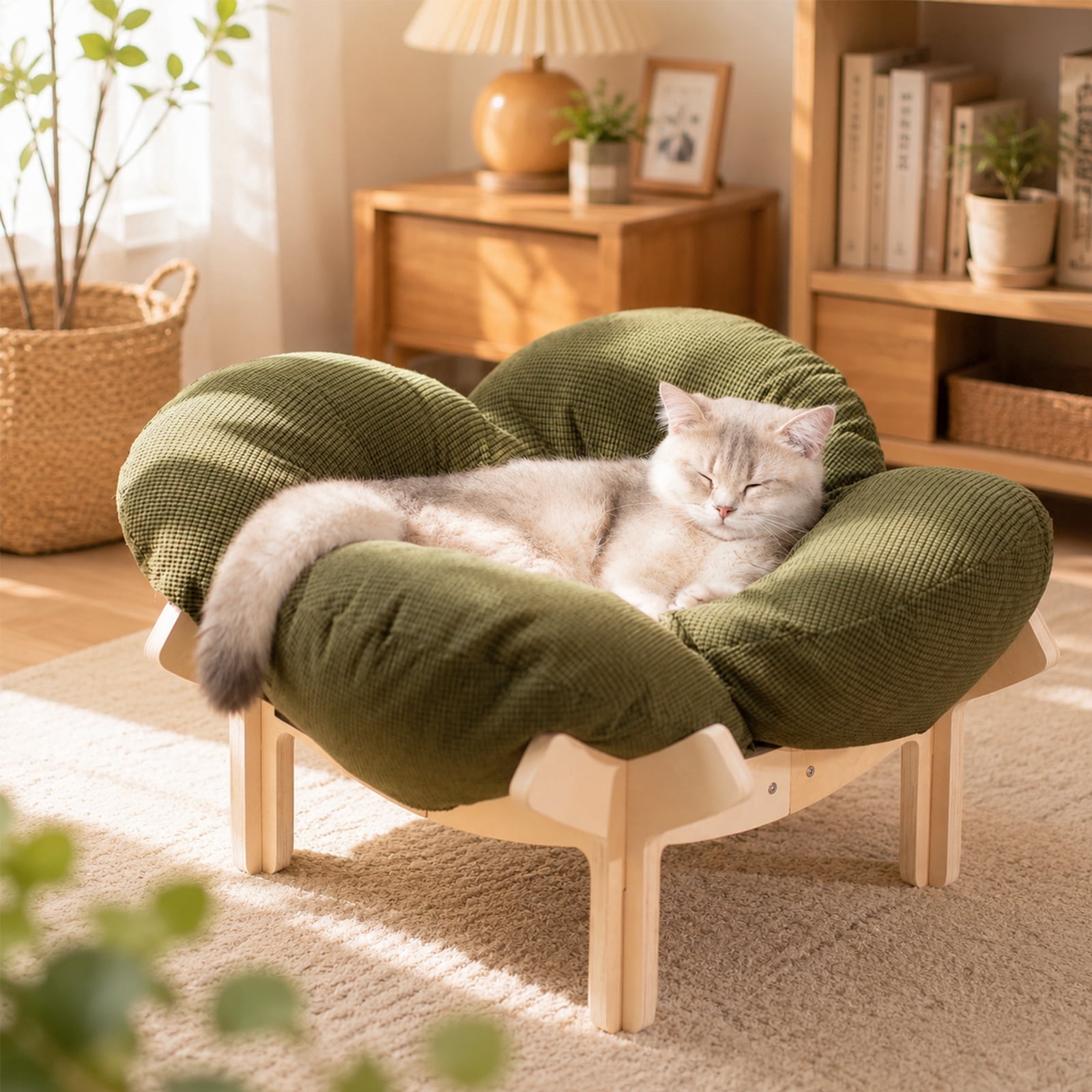 CheerPals Elevated Cat Bed, Washable Flower Pet Cushion with Sturdy Wooden Frame, Heavy-Duty Lounge Chair for Indoor Cats & Small Dogs, Green