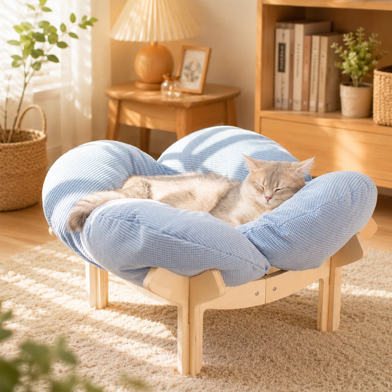 CheerPals Elevated Cat Bed, Washable Flower Pet Cushion with Sturdy Wooden Frame, Heavy-Duty Lounge Chair for Indoor Cats & Small Dogs, Blue
