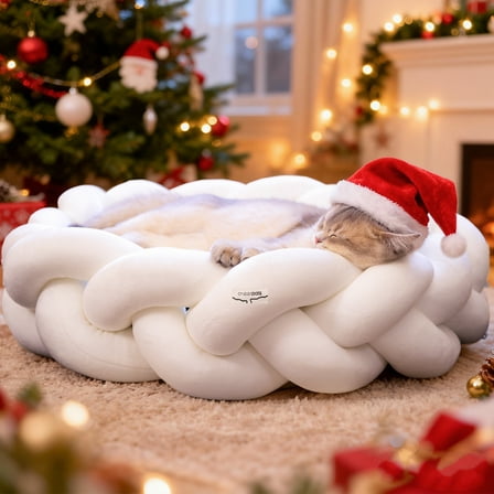CheerPals Twisted Pet Bed, Weave Cat Bed Sofa with Cushion for Indoor Cats Puppy(White)
