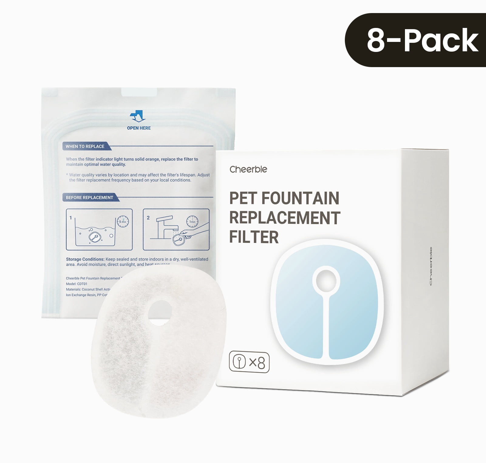 Cheerble Replacement Filter for Elfin E1 Plus Pet Water Fountain (8 Pack)