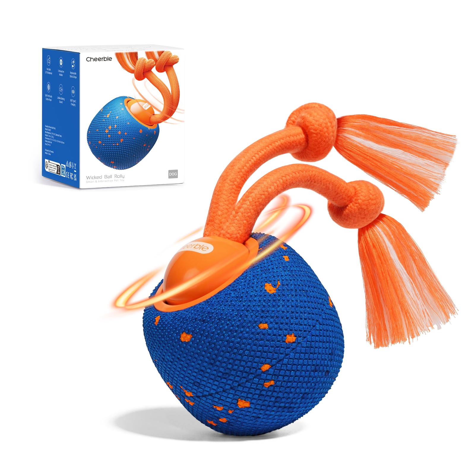 Cheerble Wicked Ball Rolly Interactive Dog Toy with Automatic Move, E-TPU Material, Rope and Barking Sounds, for Medium to Large Dogs (Royal Blue)