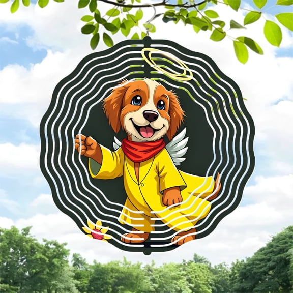Cheerful Angelic Dog Metal Wind Spinner - Colorful Concentric Waves Design for Yard & Garden Decor Perfect Wind Chime