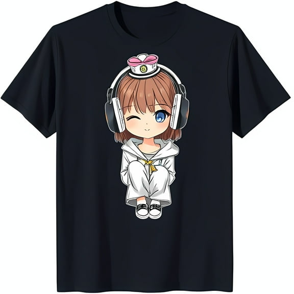 Cheerful Anime Girl Graphic on Black T-Shirt Sparkling Blue Eyes & Sailor Hat Design