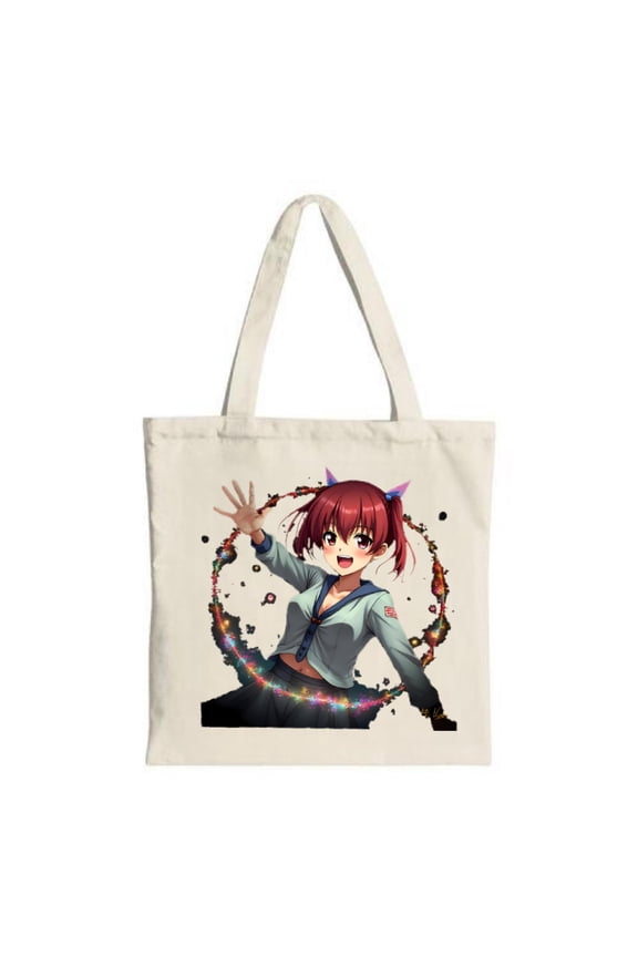 Cheerful Anime Tote Bag - Red Pigtails School Surrounded by Colorful Glowing Particles - Perfect for Shopping & Travel