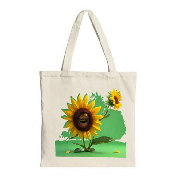 Cheerful Anthropomorphic Sunflower Tote Bag - Smiling Sunflowers on Green Landscape Perfect for Shopping Travel & Parties