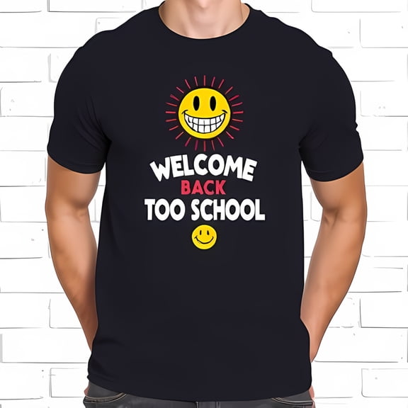 Cheerful Back-to-School Cotton Short Sleeve T-Shirt with Smiling Sun Graphic & Bold " WELCOME BACK TOO SCHOOL " Text