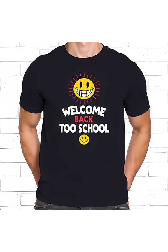 Cheerful Back-to-School Cotton Short Sleeve T-Shirt with Smiling Sun Graphic & Bold " WELCOME BACK TOO SCHOOL " Text