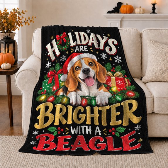 Cheerful Beagle Santa Hat Christmas Lights Holiday Present, Playful Pet Portrait Pattern, Warm Flannel Blanket for Living Room and Reading Nook, Dog Lovers Christmas Gift, Pet Lover Home Decor