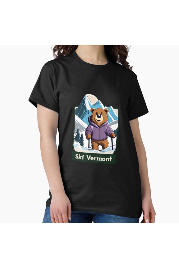 Cheerful Bear In Mountains Ski Vermont Winter Fun Art Unisex T-Shirt, up to Size 5XL
