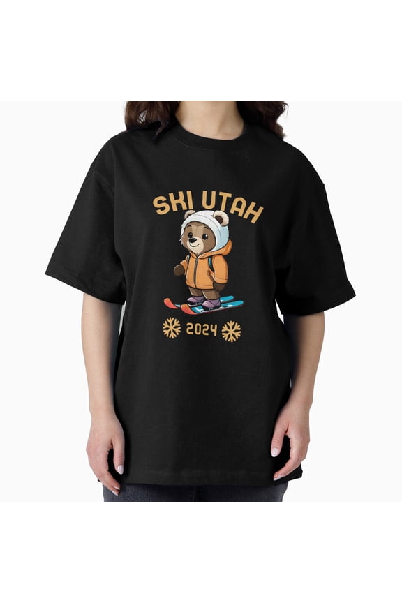 Cheerful Bear On Skis Ski Utah 2024 Winter Travel Art Unisex T-Shirt, up to Size 5XL