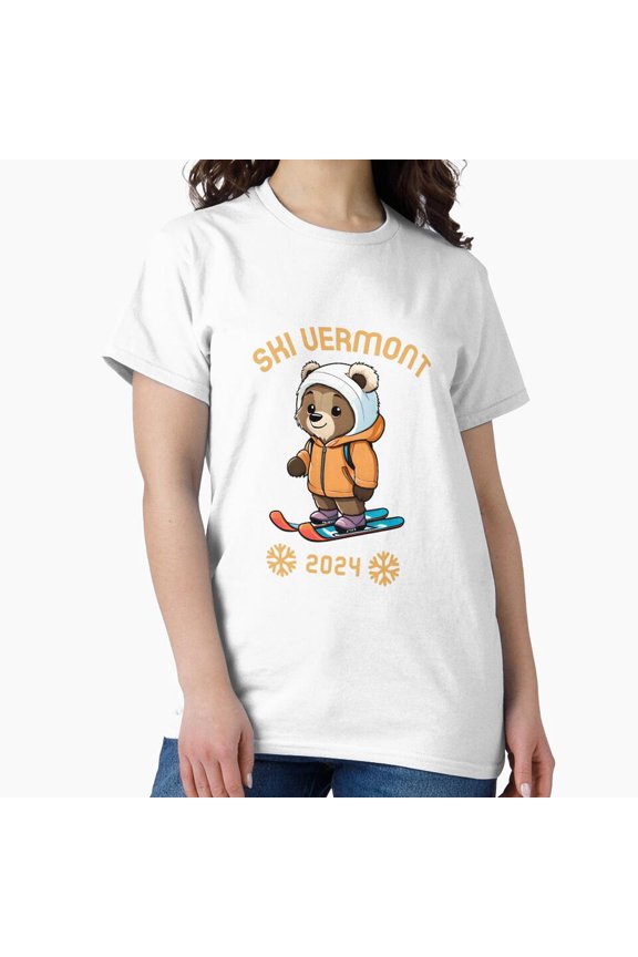 Cheerful Bear On Skis Ski Vermont 2024 Winter Trip Art Unisex T-Shirt, up to Size 5XL