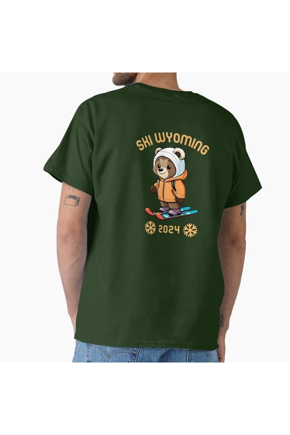 Cheerful Bear On Skis Ski Wyoming 2024 Winter Trip Art Unisex T-Shirt, up to Size 5XL