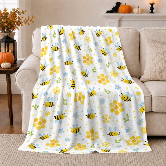 Cheerful Bees Honeycomb Pattern Blue Flowers Green Leaves, Playful Botanical Garden Scene, Warm Flannel Blanket for Sunroom and Reading Nook, Garden Lovers Housewarming Gift, Playful Home Decor