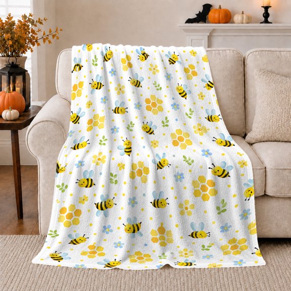 Cheerful Bees Honeycomb Pattern Blue Flowers Green Leaves, Playful Botanical Garden Scene, Warm Flannel Blanket for Sunroom and Reading Nook, Garden Lovers Housewarming Gift, Playful Home Decor