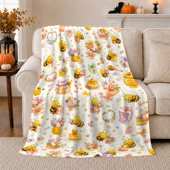 Cheerful Bees and Honeycomb Theme with Floating Hearts and Butterflies Watercolor Art Flannel Blanket for Nature Lovers Housewarming Gift Soft Home Decor Living Room Dorm