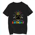 Cheerful Birthday Cake Design Black TShirt with Colorful Candles