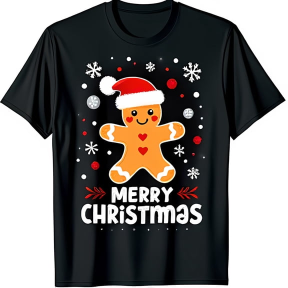 Cheerful Black Christmas T-Shirt with Smiling Gingerbread Man & Santa Hat Holiday