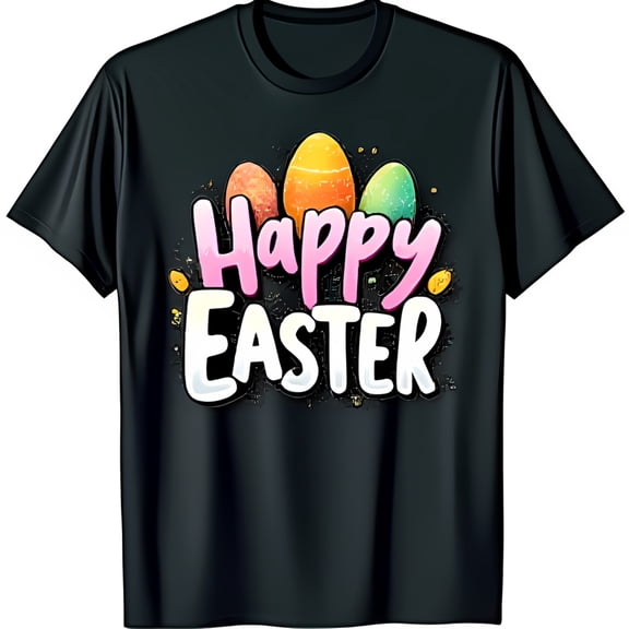 Cheerful Black T-Shirt with Colorful Happy Easter Graphic & Fun Egg Designs