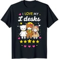 thumbnail image 1 of Cheerful Black T-Shirt with 'I Love My L Desks' Graphic & Cute Cartoon Characters, 1 of 5