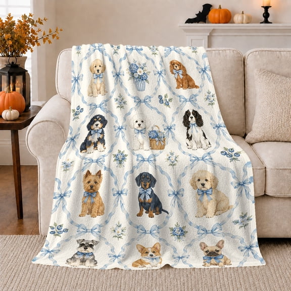 Cheerful Blue-And-White Dog Breed Grid, Playful Pet Portrait Pattern, Warm Flannel Blanket for Living Room and Bedroom, Dog Lovers Just Because Gift, Pet Lover Home Decor